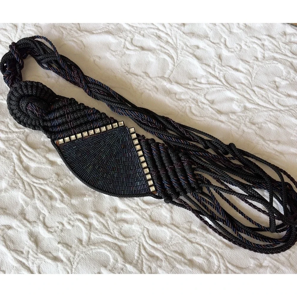 Vtg 70s 80s Signed Manett Macrame Beaded Boho Hippie Belt  display picture 3